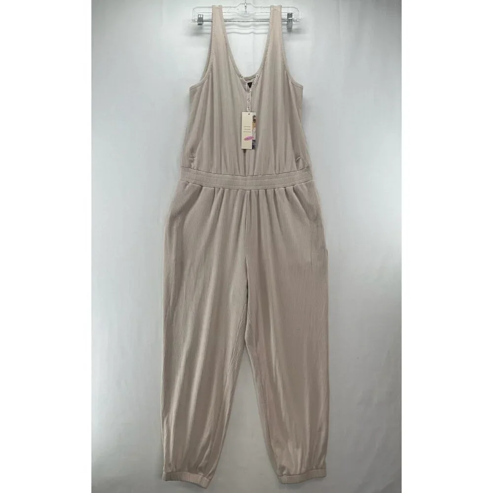 DOKOTOO Jumpsuit Size XL Ribbed Sleeveless Popover Tapered Cropped Beige - Picture 1 of 13